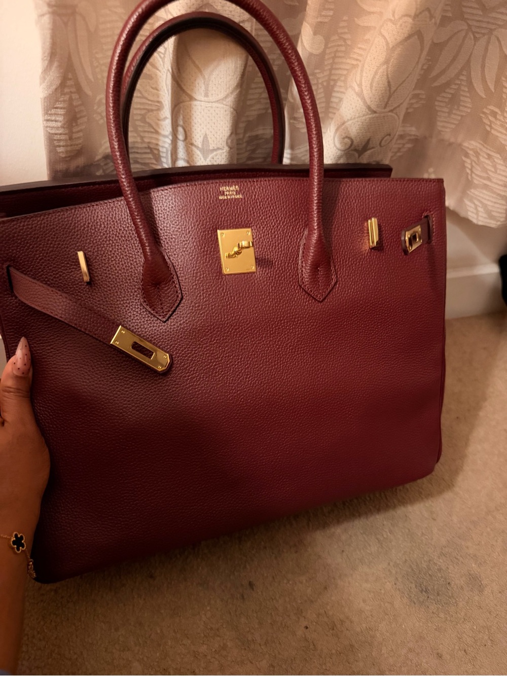 Women’s Leather Tote Bag in Burgundy with Gold Hardware 40cm